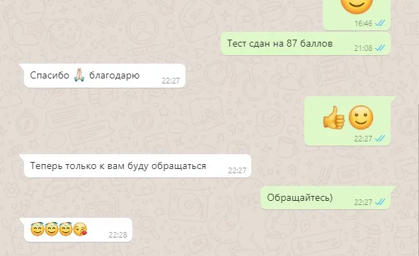 Фрагмент переписки клиента после помощи с тестом и его намерение обращаться снова